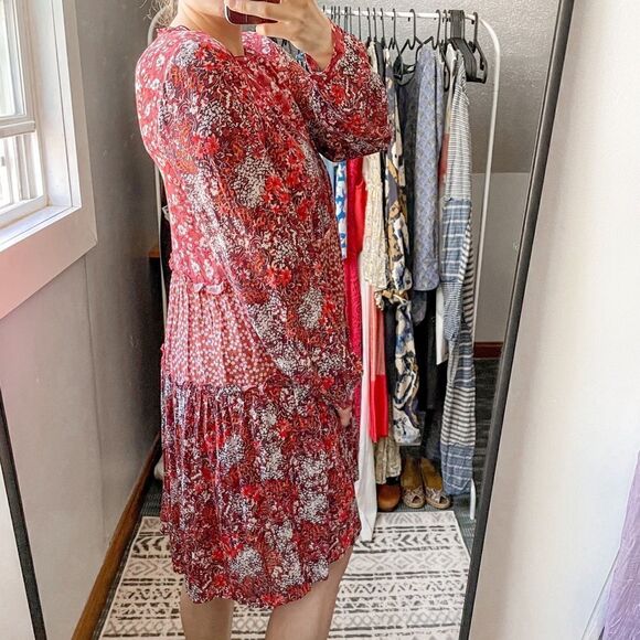 Anthropologie Maeve Red Floral Tiered Mini Dress Long Sleeve S - Picture 3 of 9